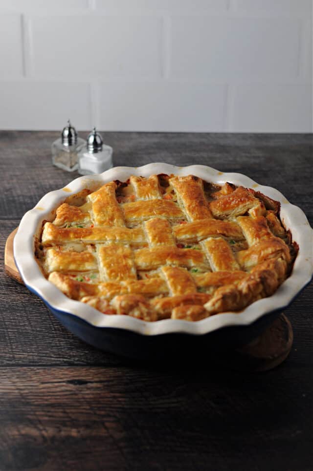 Puff pastry pot pie in baking dish.