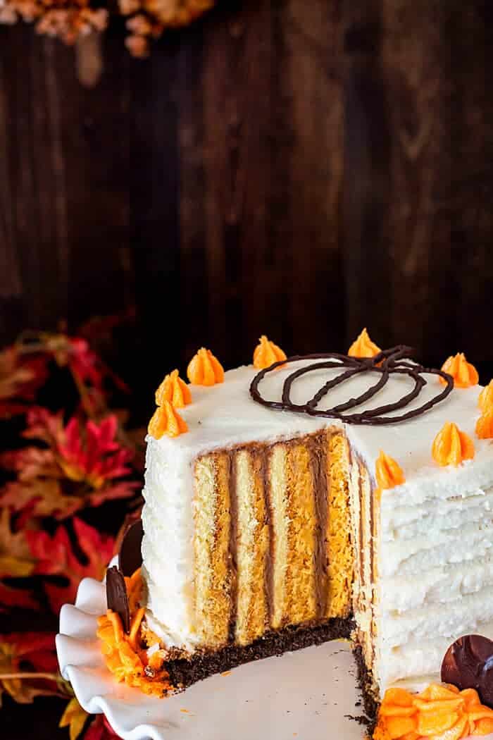 Vertical layered pumpkin, orange, and chocolate cake.