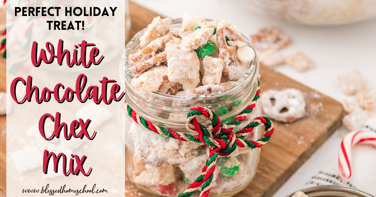 White chocolate Chex mix in jar on brown wooden cutting board.