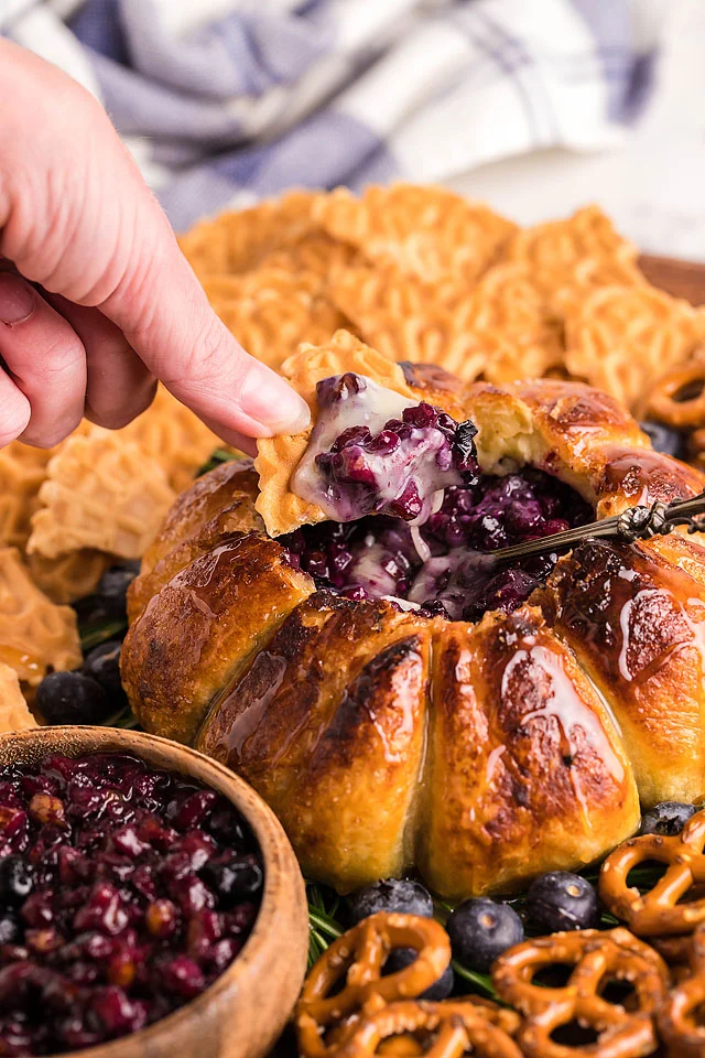 Hand dipping cookie into brie and blueberry dip.