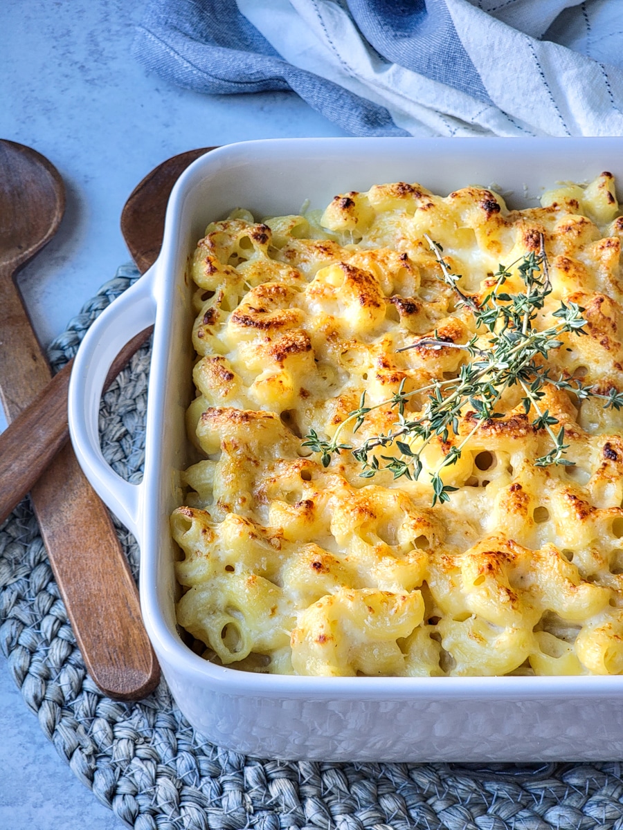 Brie mac and cheese in a casserole dish.