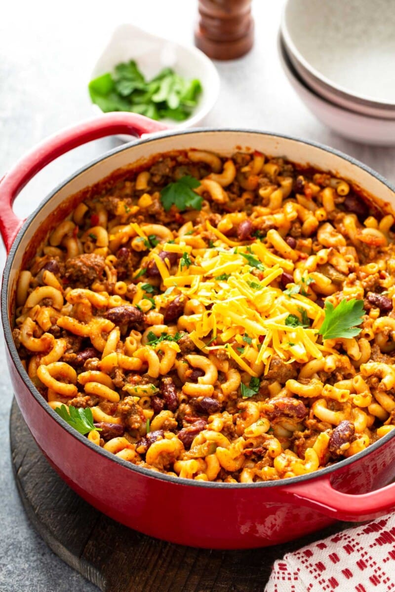 Chili mac and cheese in Dutch oven.