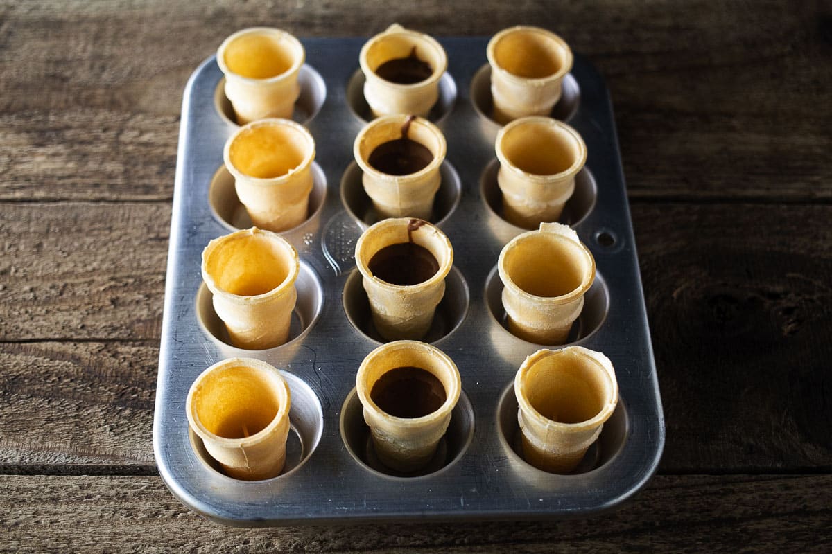 Cake cones filled with chocolate cake batter.