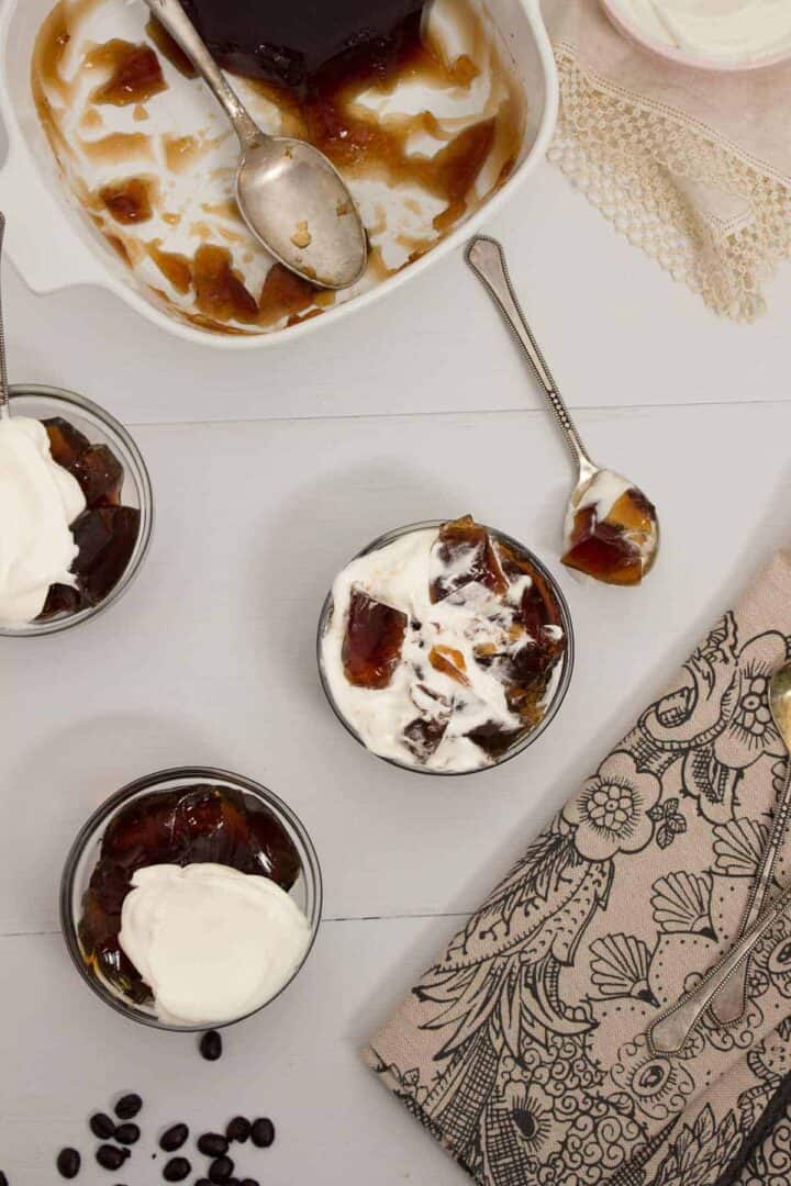 Coffee jelly in a pan with individual servings.