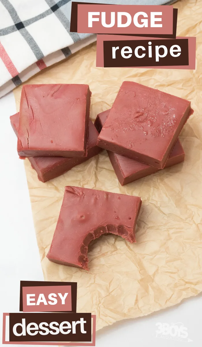 Red velvet fudge recipe on parchment paper.