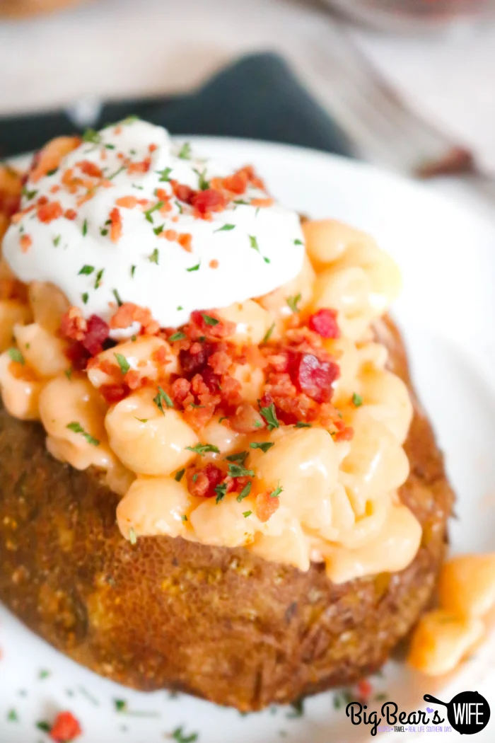 Loaded mac and cheese stuffed baked potato.