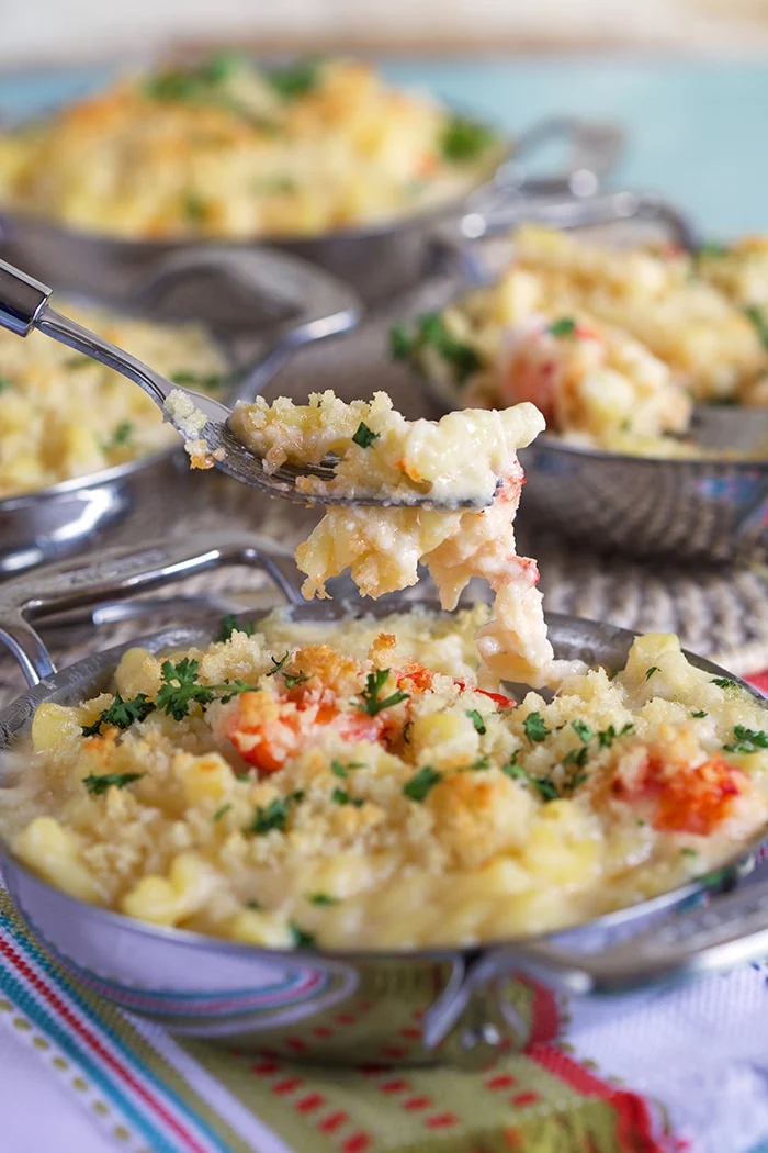 Fork full of  lobster mac and cheese in a pan with more in the back.