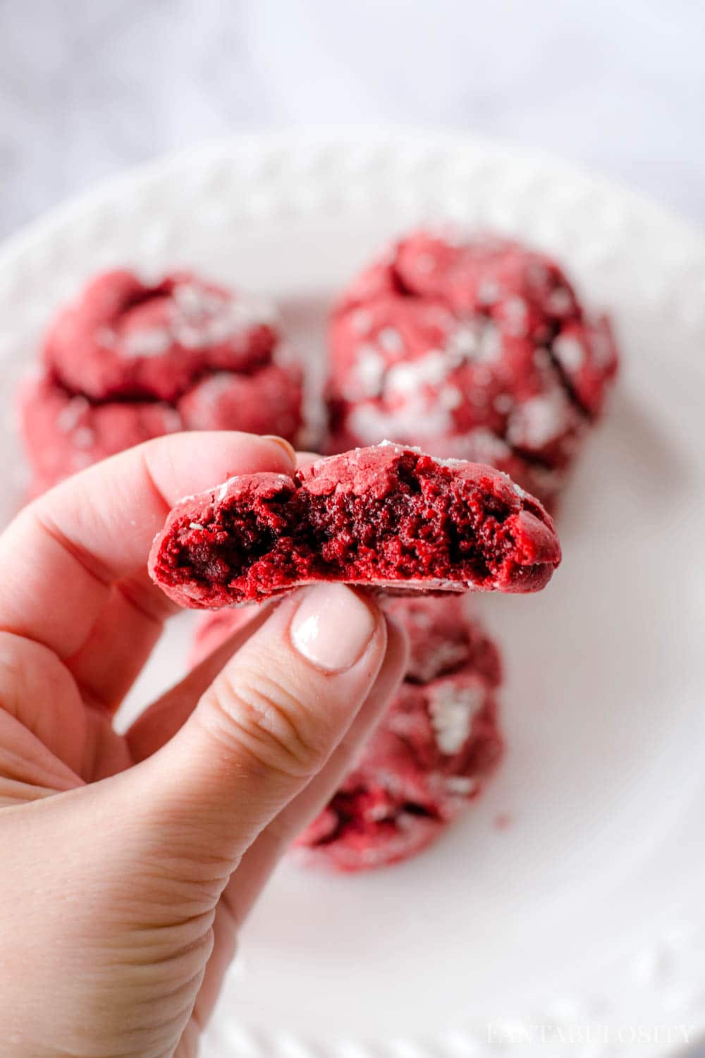 Hand holding moist red velvet crinkle cookies.