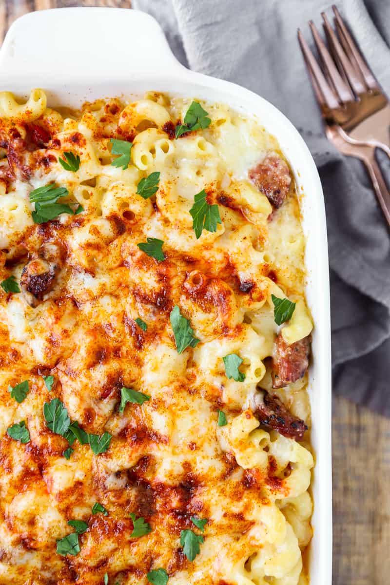 Cajun mac and cheese in casserole dish.