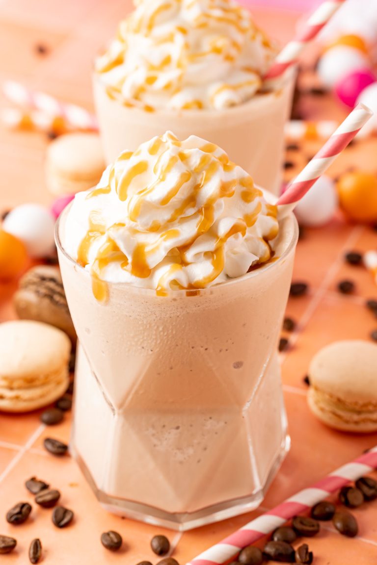 Frozen coffee drink with whipped cream and caramel sauce.