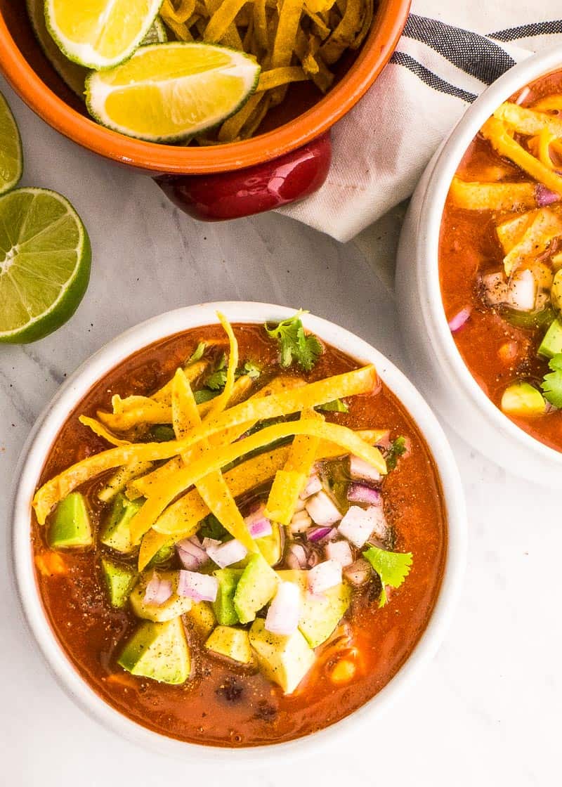 Instant Pot chicken tortilla soup in bowls.