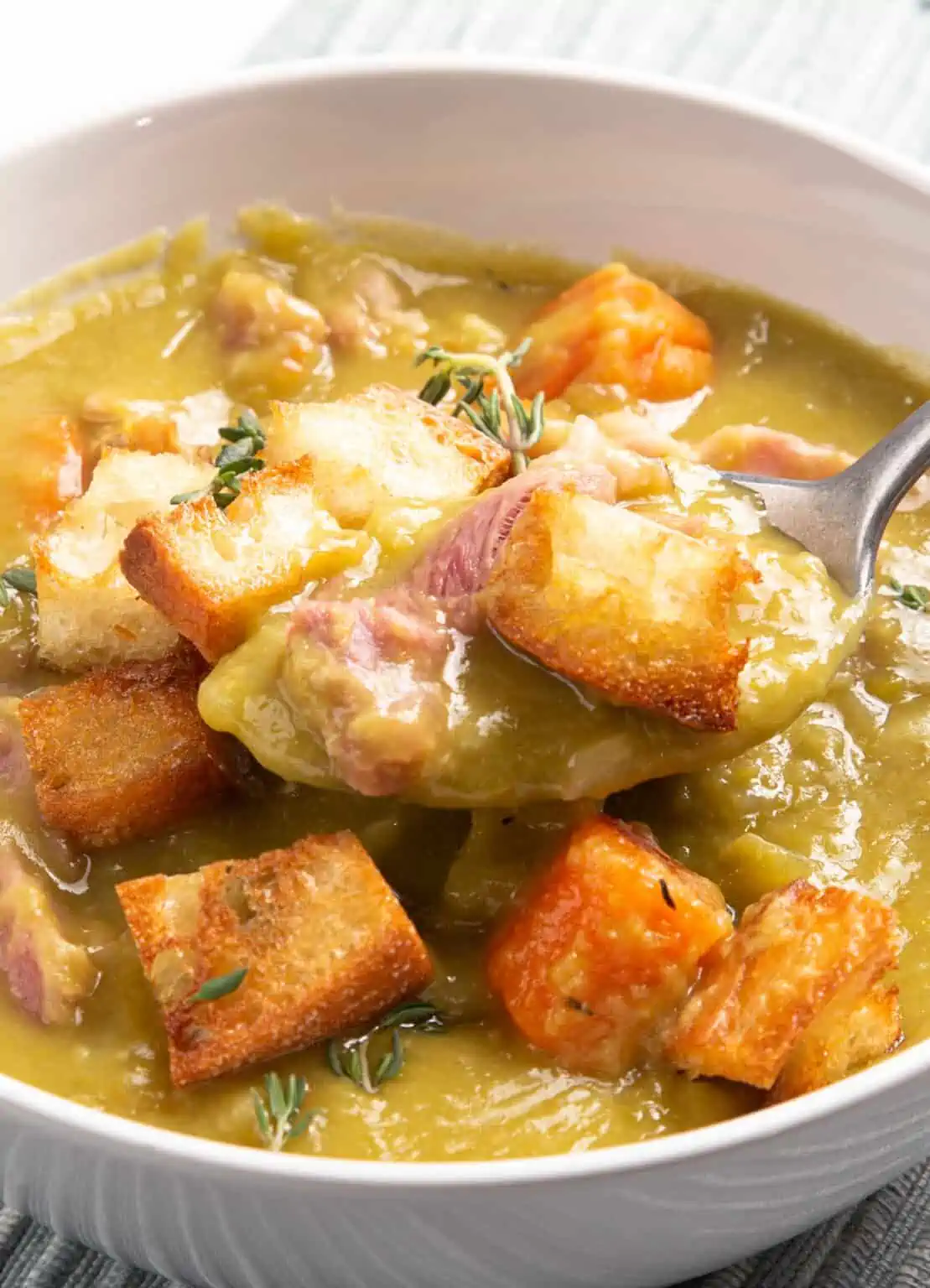 Instant pot split pea soup in a bowl.