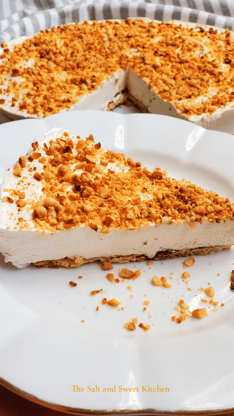 No bake coffee cream pie slice on a white plate.