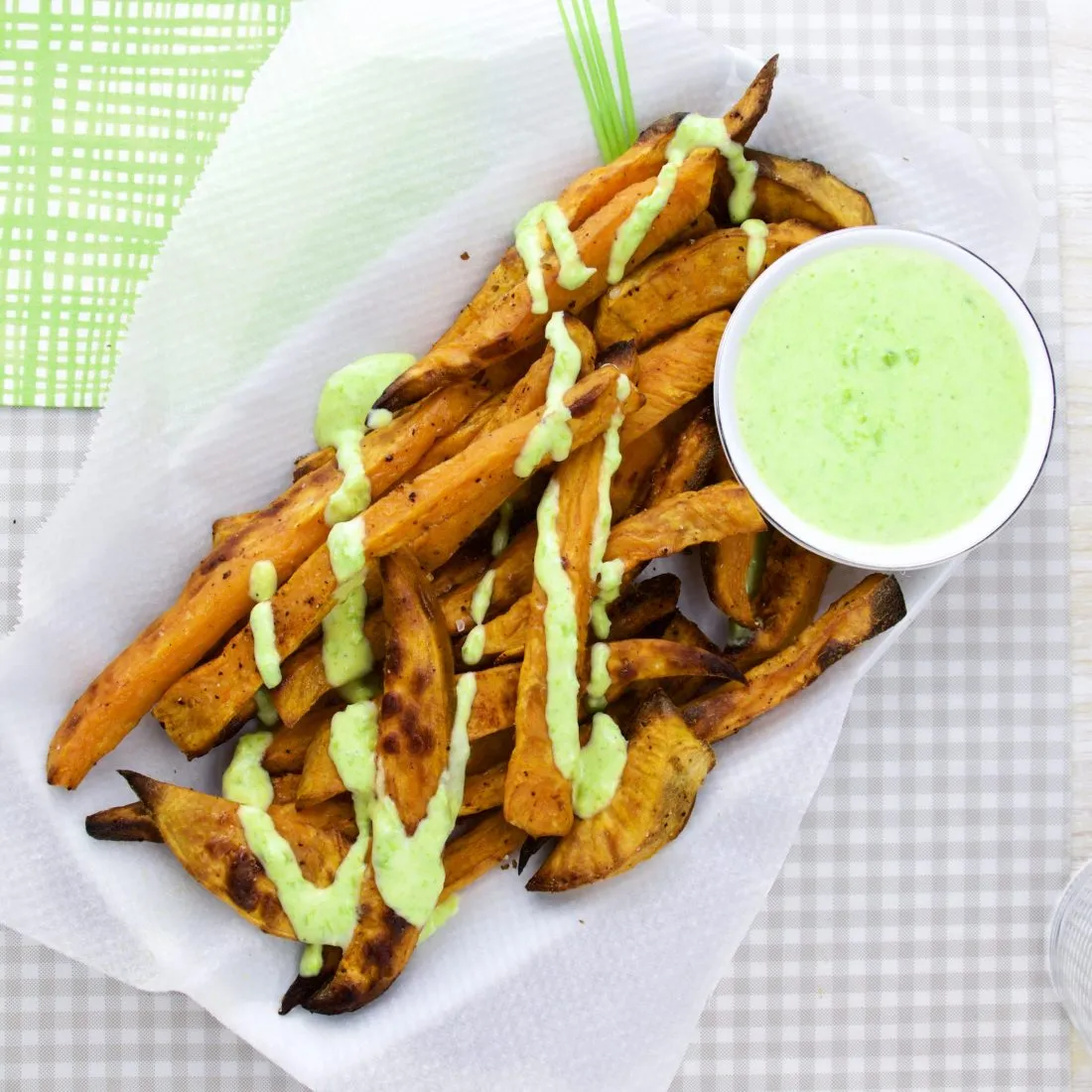 Sweet potato fries with wasabi pea sauce.