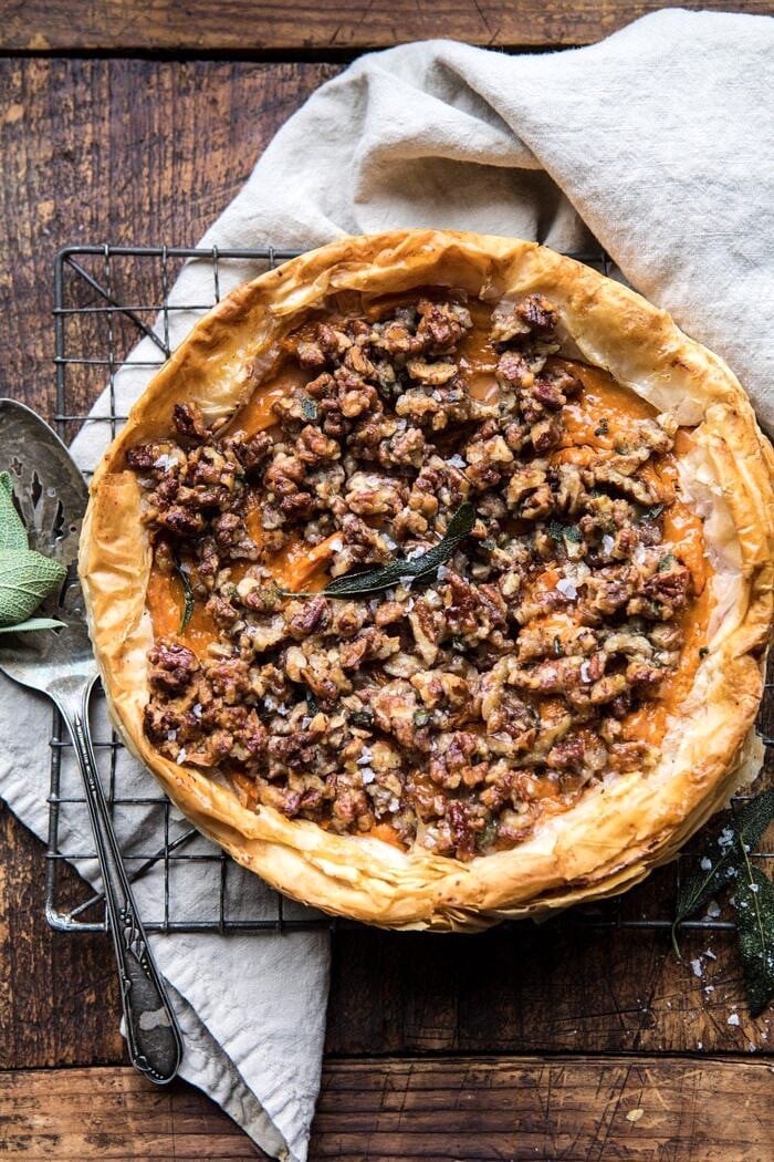 Bourbon pecan sweet potato phyllo casserole on a cooling rack.