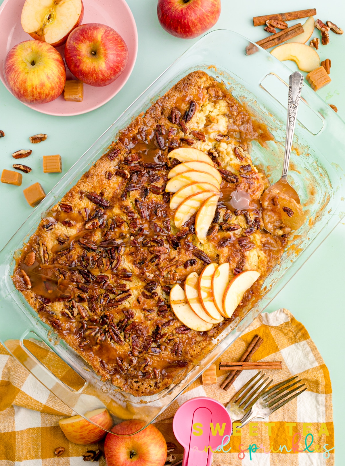 Caramel apple dump cake in a glass baking tray.