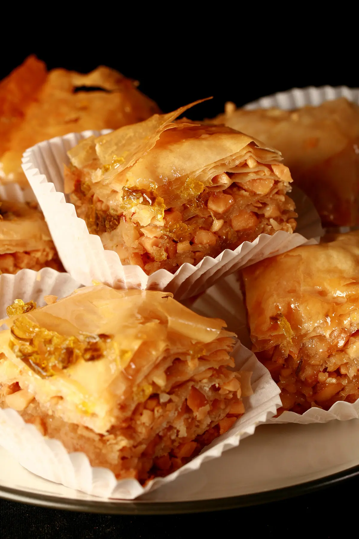 Jalapeno beer baklava pieces stacked and arranged.