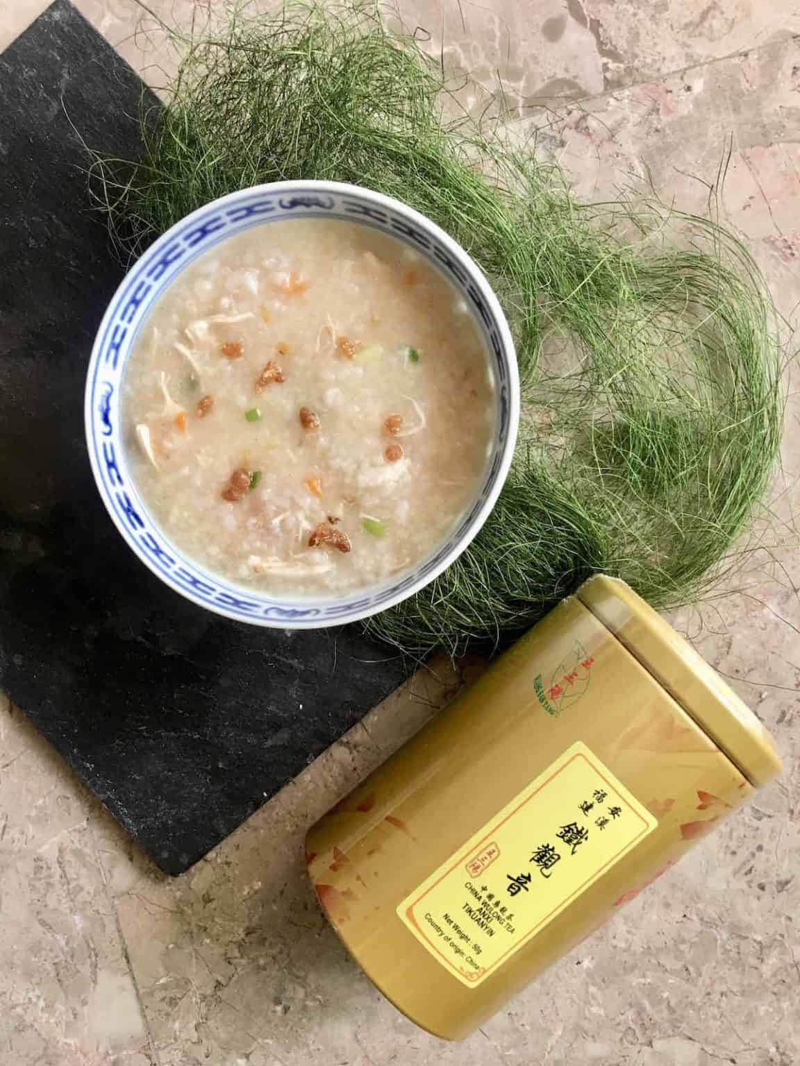 Leftover roast chicken congee in a bowl.