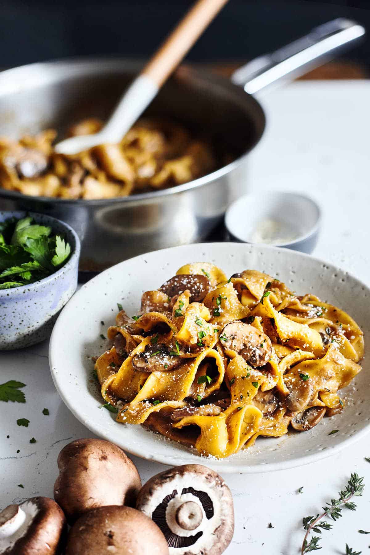 Mushroom stroganoff served on a white plate with more in a pot in the background.