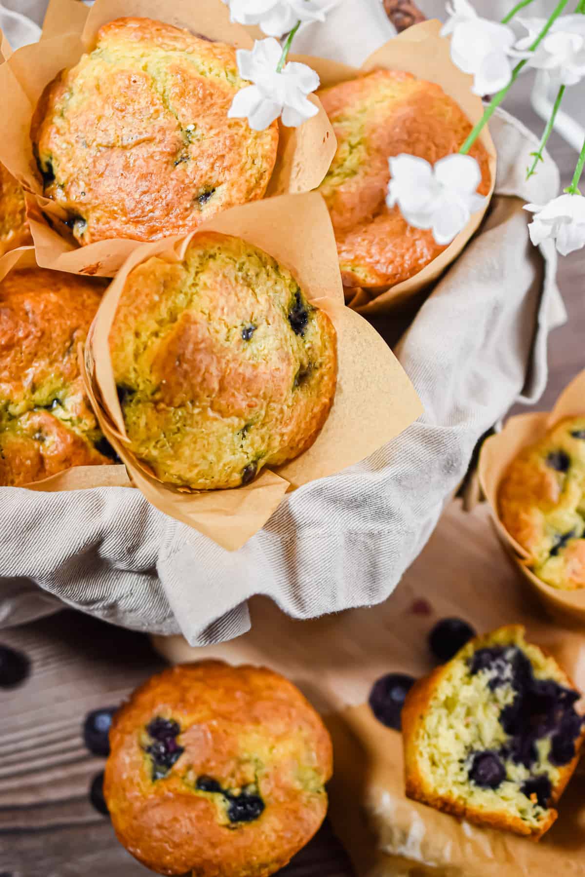 Basket of blueberry cake mix muffins.