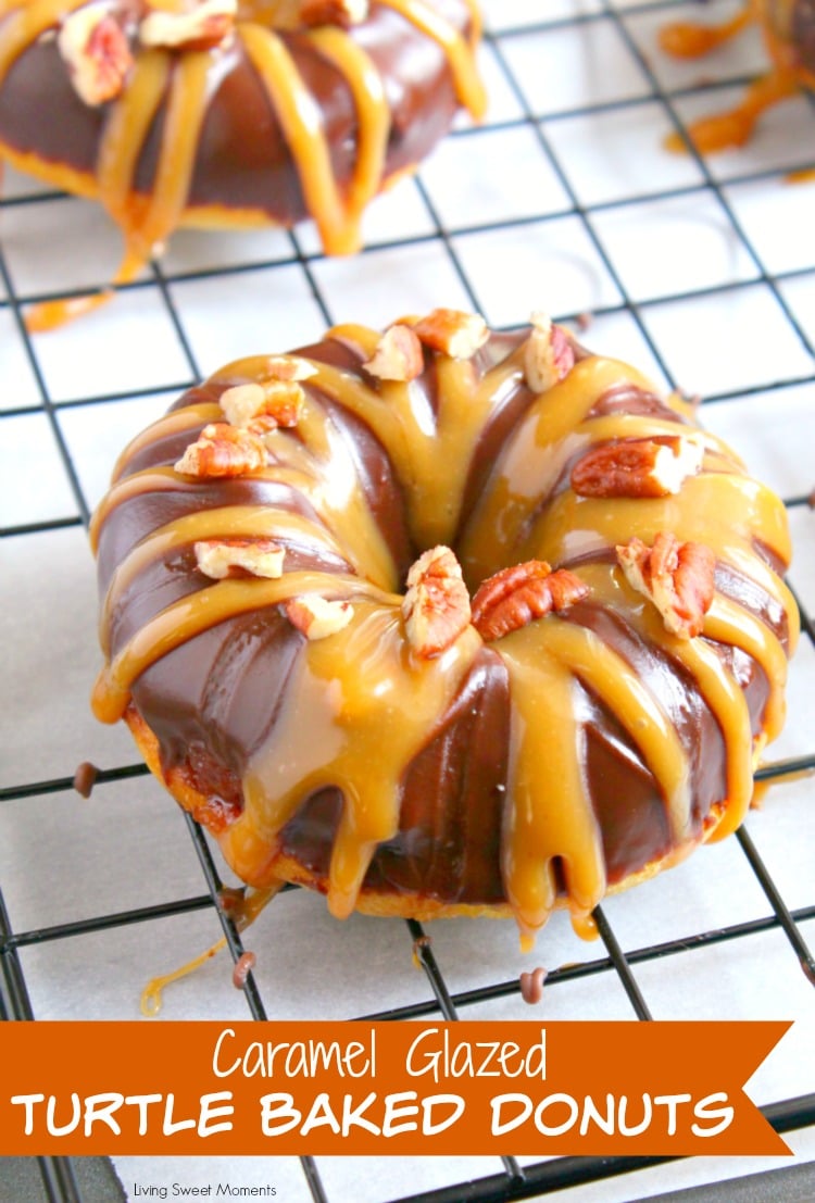 Turtle donuts on a baking rack.