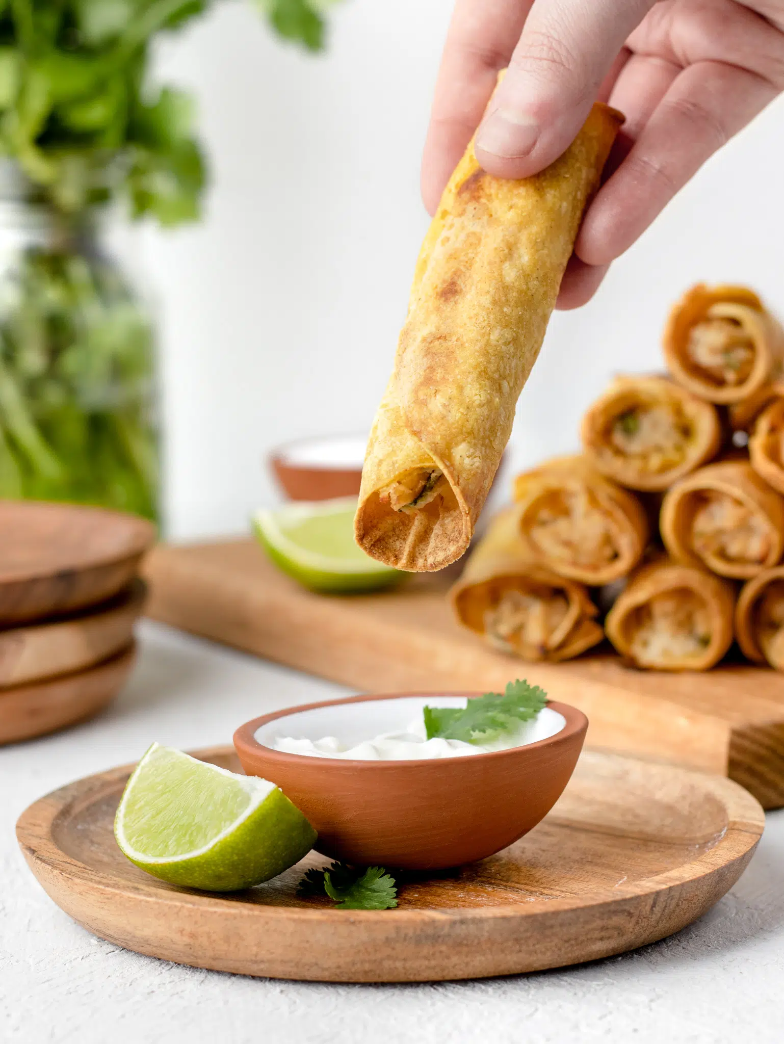 Hand holding a chicken lime taquito to dip it in sour cream.