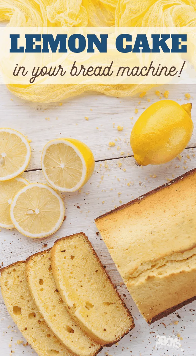 Slice lemon bread on a white board with lemons around.