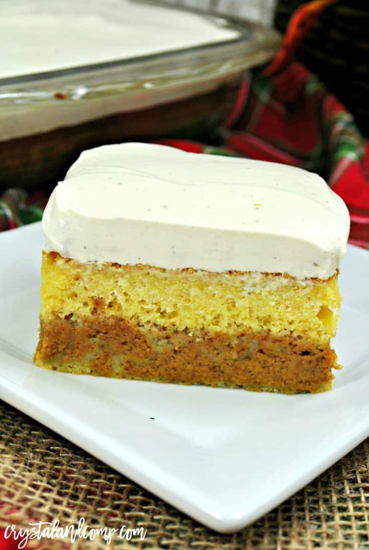 Layered pumpkin cake on a white plate.