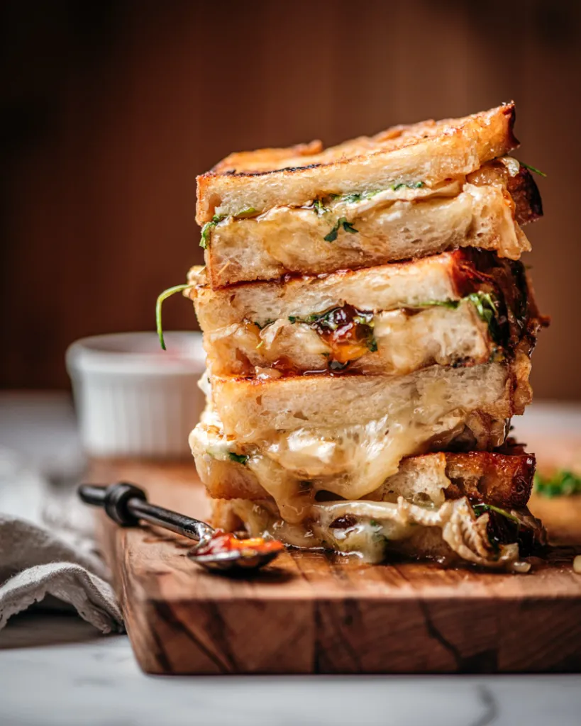 Brie and passion fruit pepper jelly grilled cheese cut in half and stacked on a cutting board.