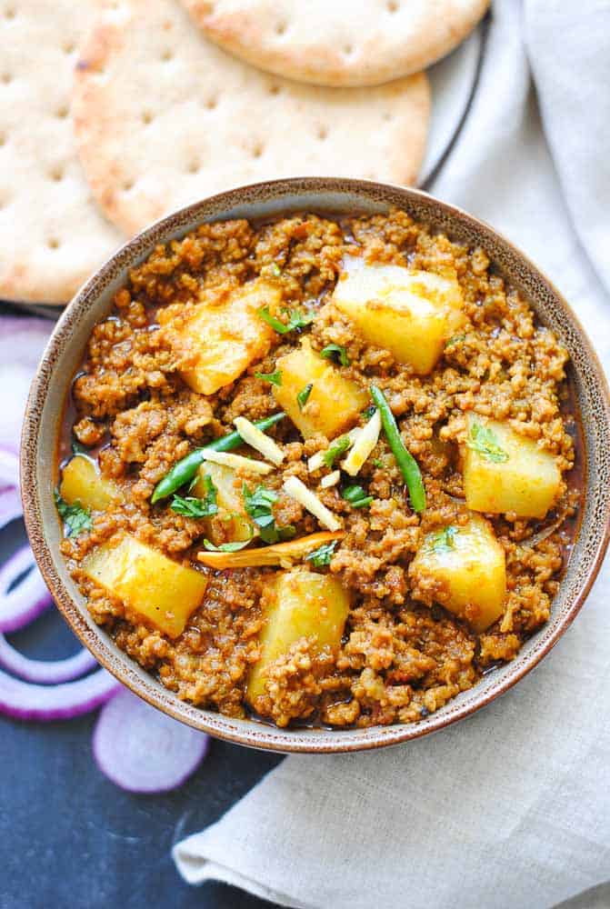 Keema Aloo with potatoes in a bowl.