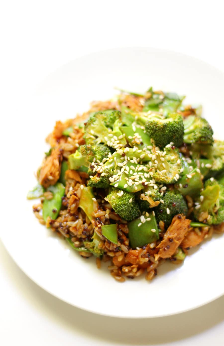 Korean bbq salmon stir-fry on a white plate.