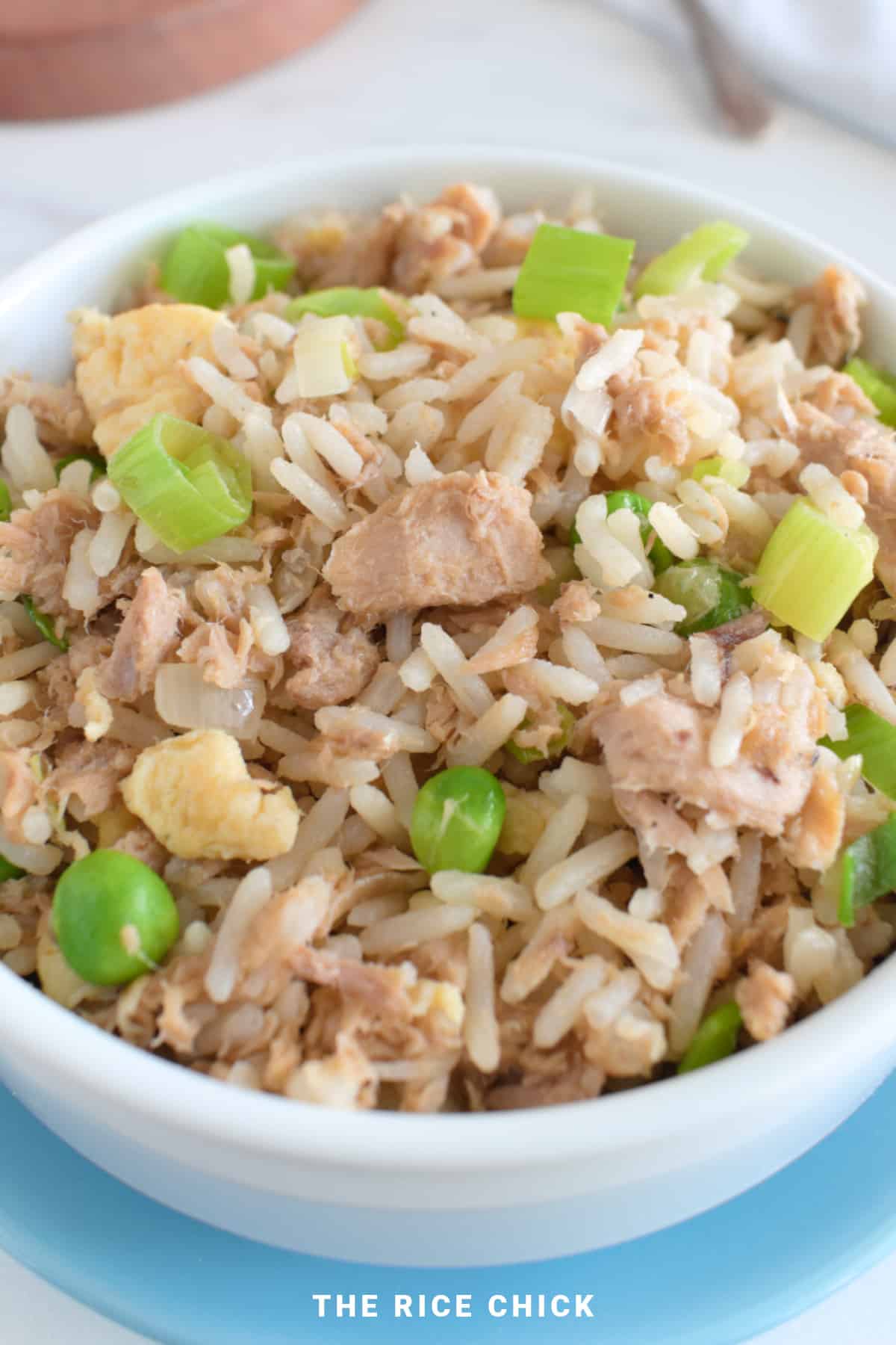 Tuna fried rice in a white bowl.