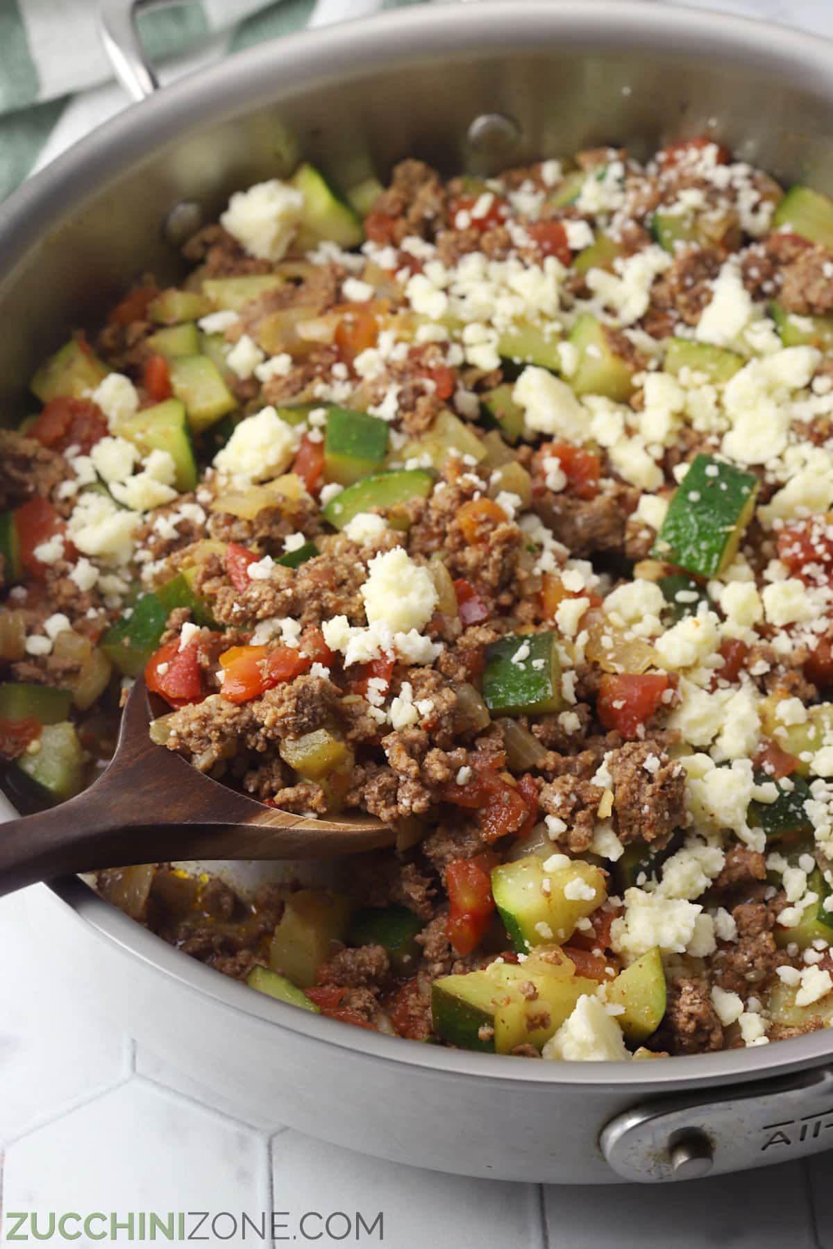 Mexican zucchini skillet with ground beef, vegetables, and cheese.