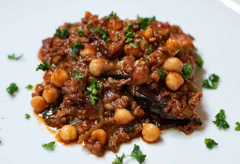 Turkish moussaka on a white plate.