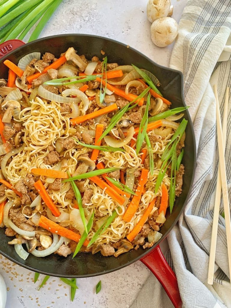 Homemade ramen with seasoned ground turkey in a skillet.