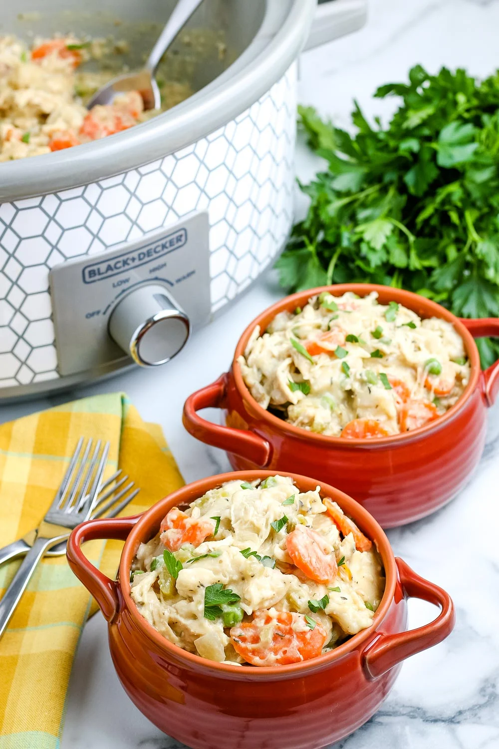 Easy crockpot chicken and dumplings in a red bowls.