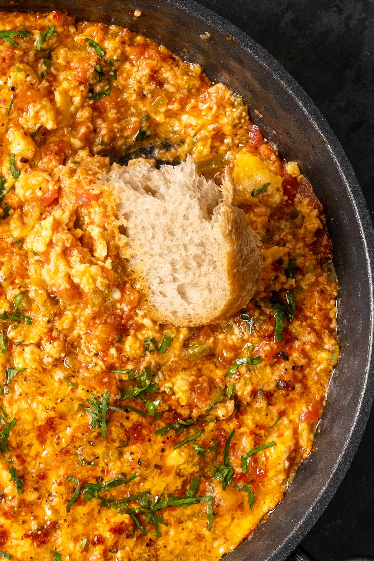 Turkish scrambled eggs with tomatoes in a pan.