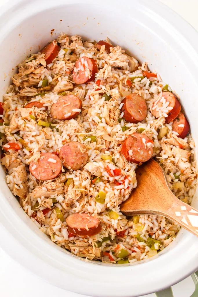 Slow cooker chicken and sausage jambalaya in a pot.