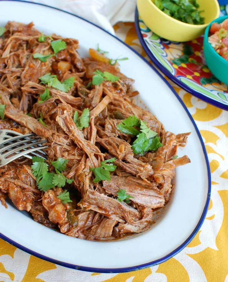 Slow cooker Mexican beef brisket in a serving dish.