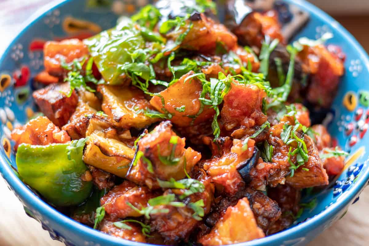 Turkish vegetable meze in a decorative blue bowl.