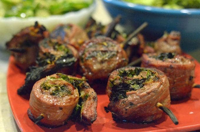 Flank steak pinwheels on a platter.