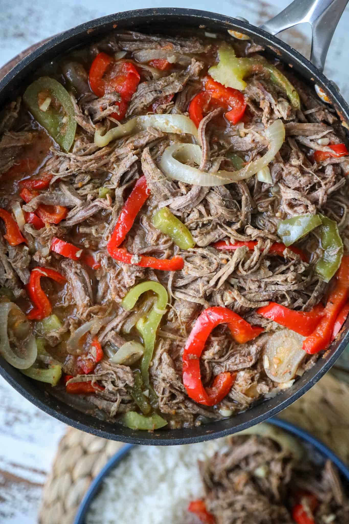 Cuban ropa vieja Instant Pot in a skillet.