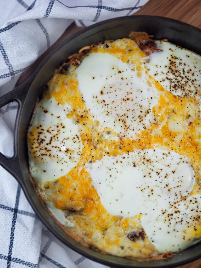 Lumberjack breakfast casserole in a cast iron pan.