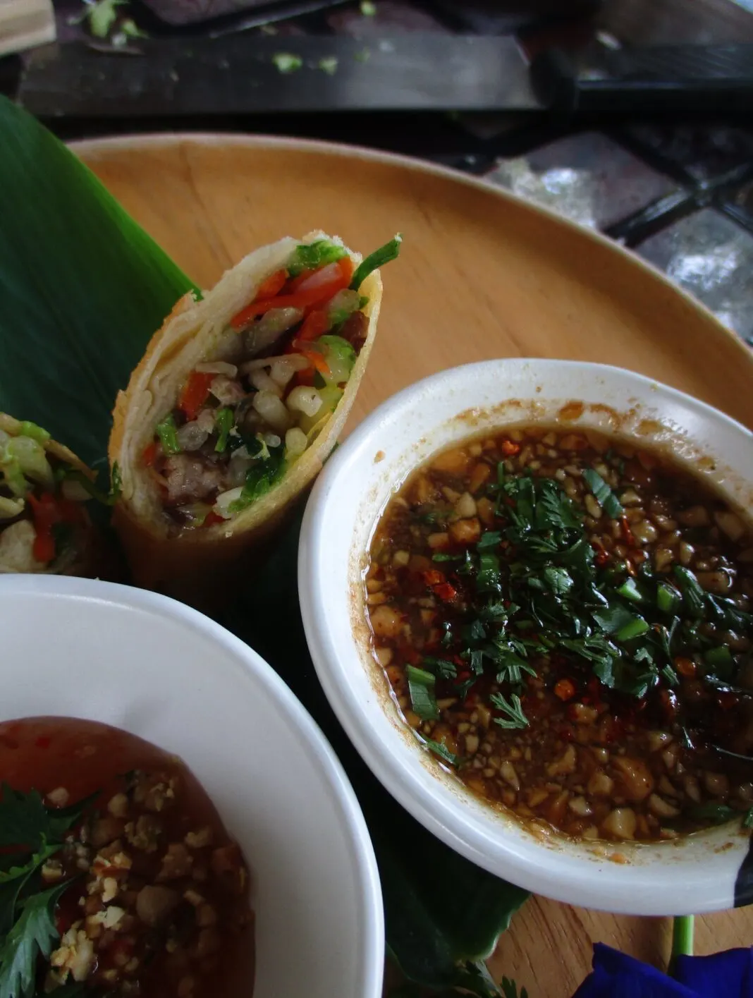 Veggie Thai spring rolls on a plate with dipping sauce.