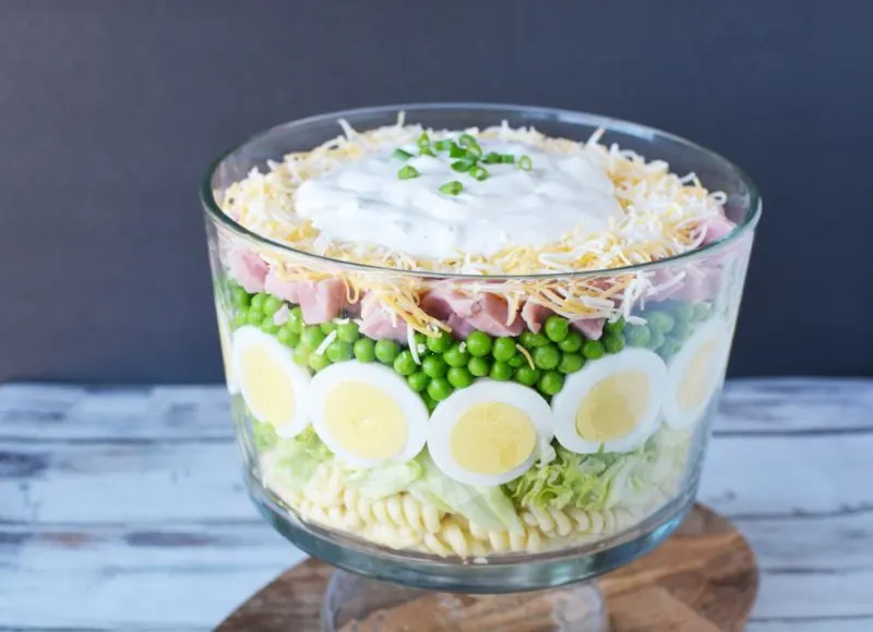 Salad with lettuce, sliced hard boiled eggs, peas, ham, cheese layered in a clear bowl in a dark bowl.