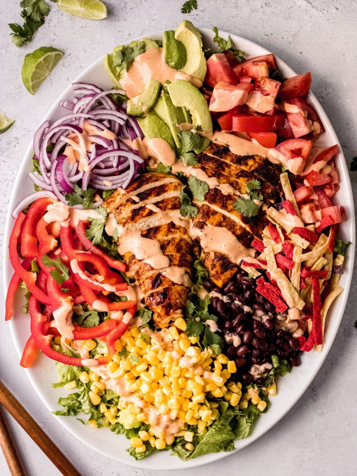 Spicy Southwest salad with corn, beans, corn tortilla strips, red bell pepper, red onions and cilantro on a white platter.