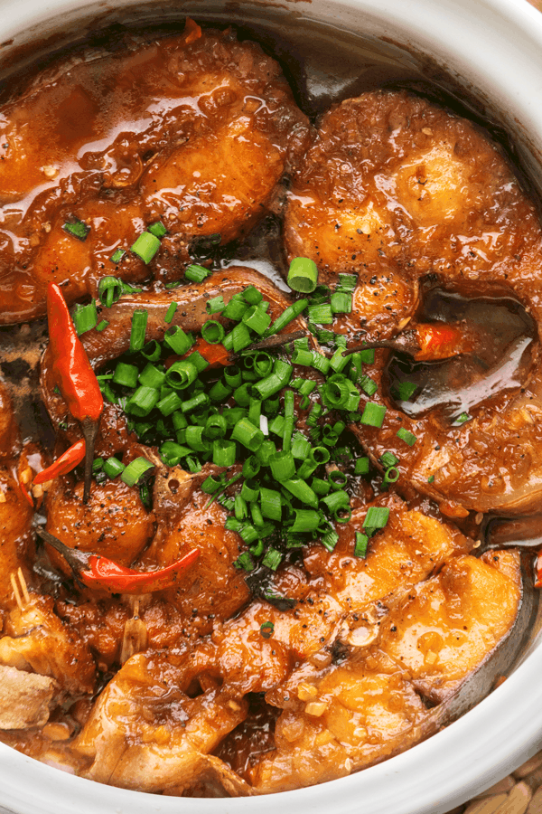 Vietnamese braised fish in a bowl.