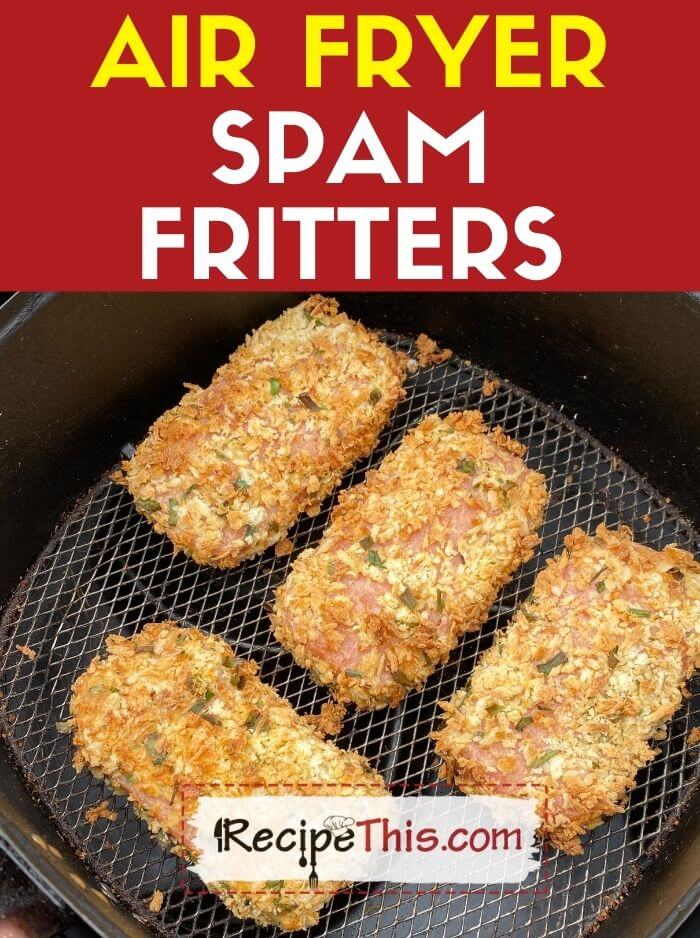 Breaded spam in an air fryer basket.