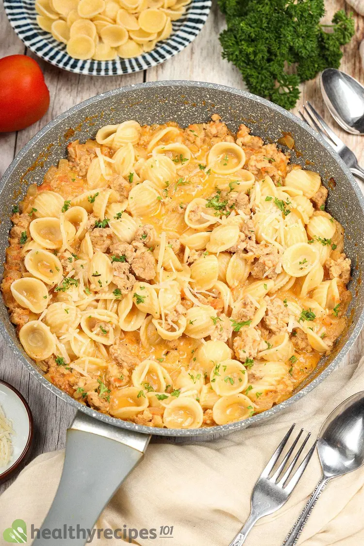 Ground chicken pasta recipe in a large skillet.