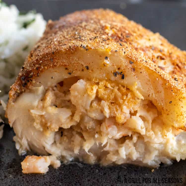 Smoked tilapia stuffed with shrimp.